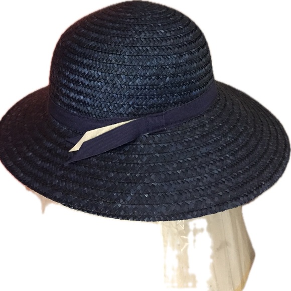 Woman’s Navy Straw Hat Italian grosgrain ribbon brim shade 🎀 👒 ☀️ 🇮🇹 - Picture 3 of 5